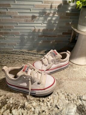 Converse White Kids Low Top Sneakers with Red & Blue Stripe